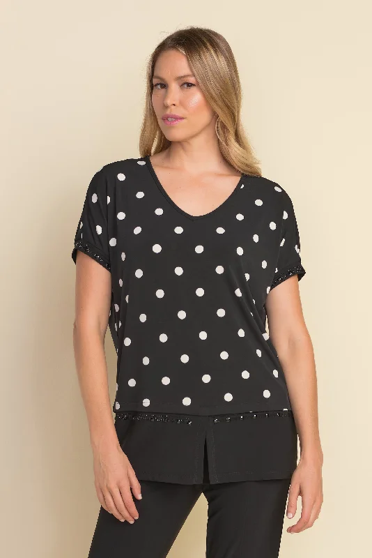 Plus Size Women's Fringe - Trimmed Sweater in Beige for a Boho - Inspired StyleJoseph Ribkoff Polka Dot Top Plus Size Women's Fringe - Trimmed Sweater in Beige for a Boho - Inspired StyleJoseph Ribkoff Polka Dot Top