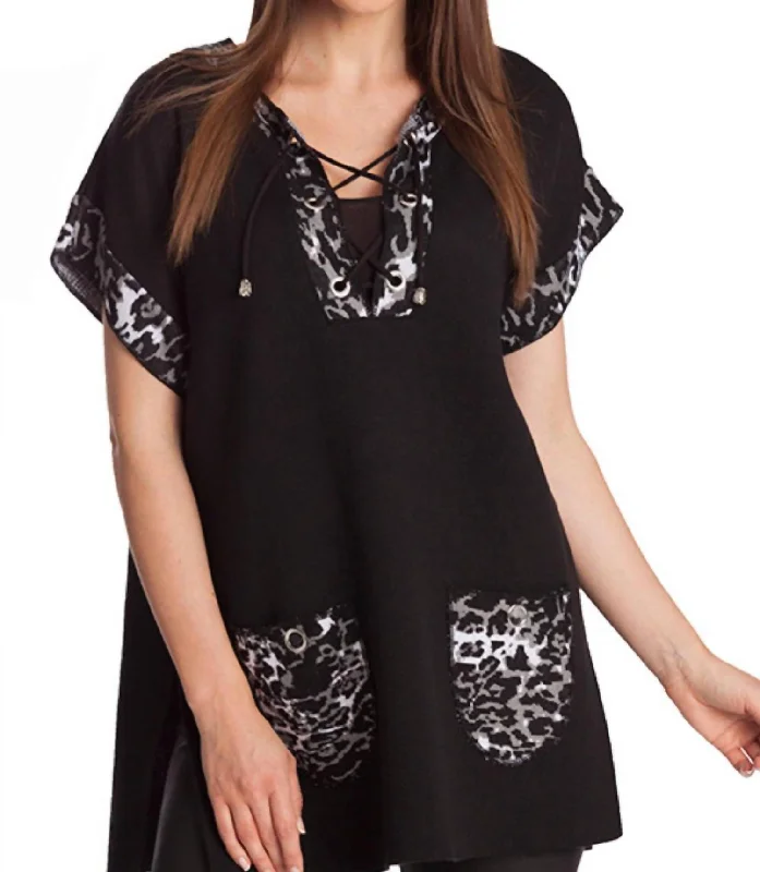 A - Line Women's Merino Wool Sweater Dresses in Classic StylesLeopard Tie Up Poncho In Black/gray A - Line Women's Merino Wool Sweater Dresses in Classic StylesLeopard Tie Up Poncho In Black/gray