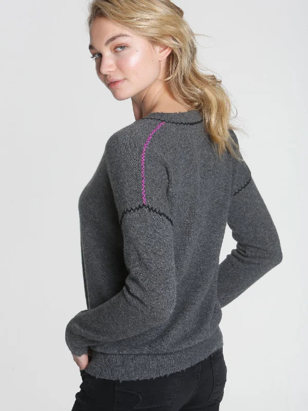 Women's Fair Isle Patterned Wool Sweater in Multicolor for a Traditional Holiday VibeLuxe Mended Vee - Charcoal Women's Fair Isle Patterned Wool Sweater in Multicolor for a Traditional Holiday VibeLuxe Mended Vee - Charcoal
