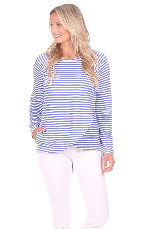 Plus Size Women's Fringe - Trimmed Sweater in Beige for a Boho - Inspired StyleMcKenna Crew Neck in Bright Blue Stripe Plus Size Women's Fringe - Trimmed Sweater in Beige for a Boho - Inspired StyleMcKenna Crew Neck in Bright Blue Stripe