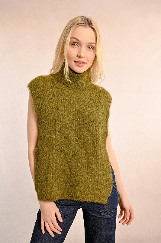 Plus Size Women's Pocket - Detail Sweater in Olive Green for a Practical and Fashionable PieceMolly Bracken Sleeveless Openwork Turtle Neck Khaki Sweater Plus Size Women's Pocket - Detail Sweater in Olive Green for a Practical and Fashionable PieceMolly Bracken Sleeveless Openwork Turtle Neck Khaki Sweater