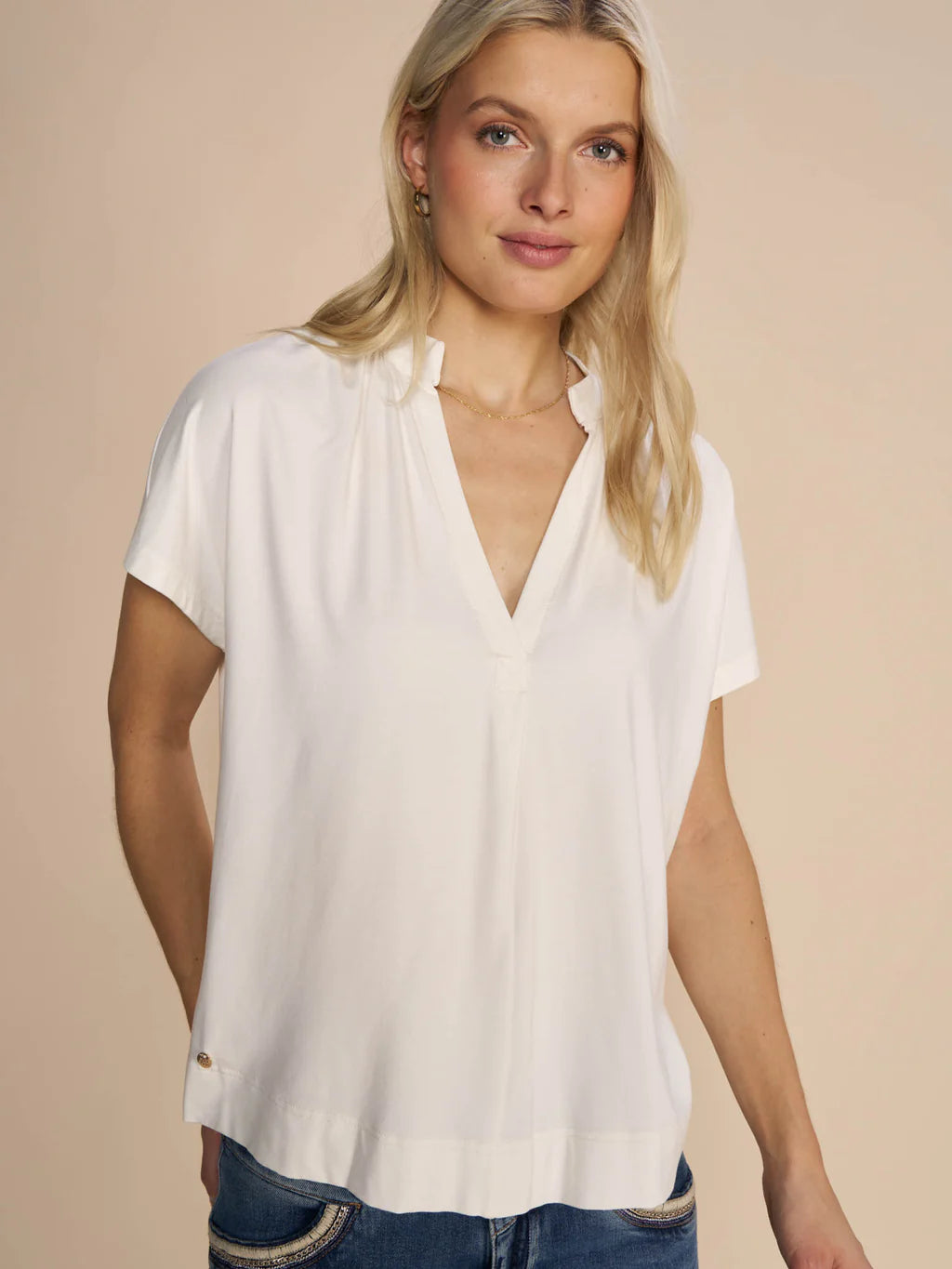 Plus Size Women's Fringe - Trimmed Sweater in Beige for a Boho - Inspired StyleMos Mosh Ecru Shira Tee Plus Size Women's Fringe - Trimmed Sweater in Beige for a Boho - Inspired StyleMos Mosh Ecru Shira Tee