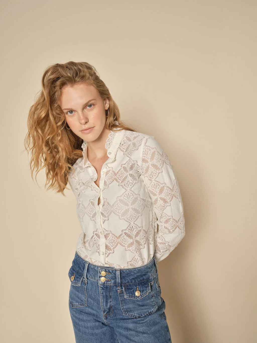 Plus Size Women's Embroidered Floral Patterned Sweater in White for a Spring - Inspired LookMos Mosh Jeta Lace Shirt Plus Size Women's Embroidered Floral Patterned Sweater in White for a Spring - Inspired LookMos Mosh Jeta Lace Shirt