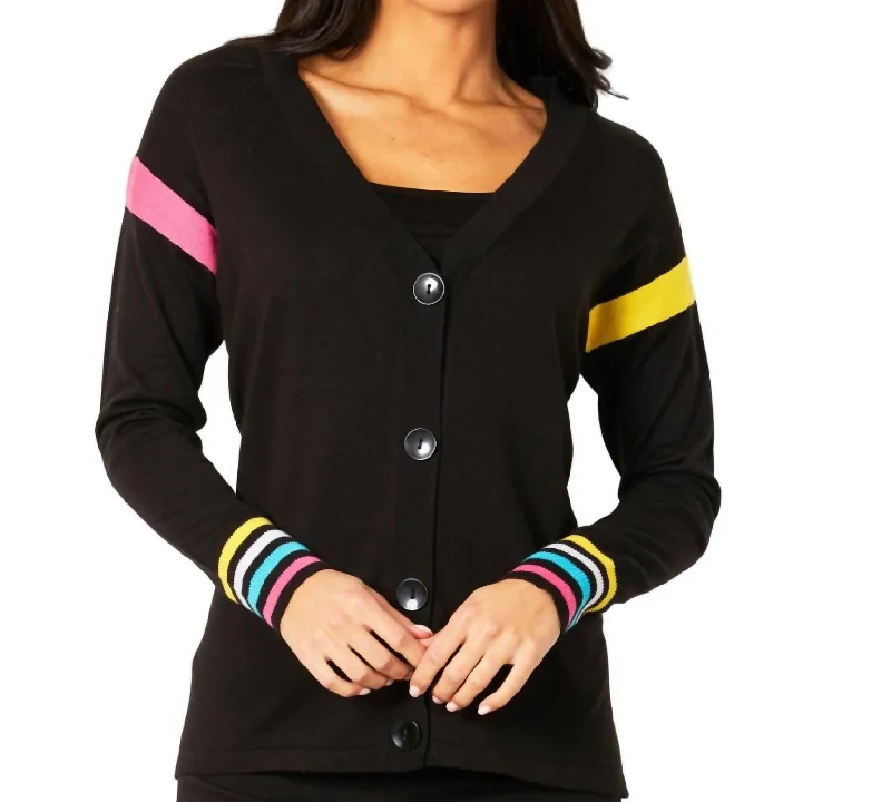 Belted Women's Cotton Blend Sweater Dresses for a Casual LookMulti Color Stripe Button Cardigan In Black Belted Women's Cotton Blend Sweater Dresses for a Casual LookMulti Color Stripe Button Cardigan In Black
