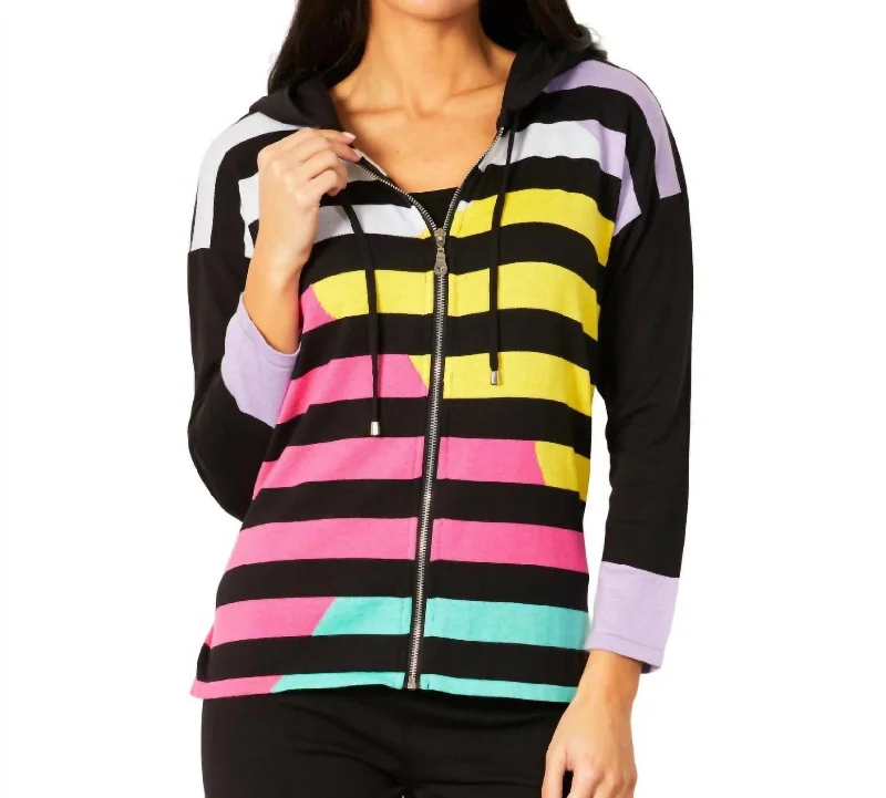 Plus Size Women's Tunic - Style Sweater Dresses with PocketsMulti Stripe Zip Up Hoodie In Black Plus Size Women's Tunic - Style Sweater Dresses with PocketsMulti Stripe Zip Up Hoodie In Black