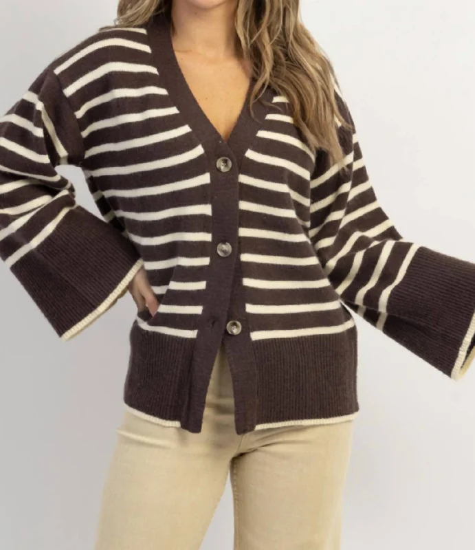 Plus Size Women's Long Sleeve Cable Knit Sweater DressesPresley Stripe Bell Cardigan In Espresso Plus Size Women's Long Sleeve Cable Knit Sweater DressesPresley Stripe Bell Cardigan In Espresso