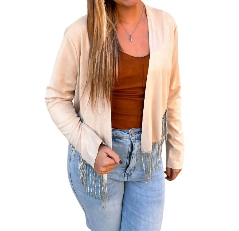 Knee - Length Women's Wool Blend Sweater Dresses in Neutral ColorsSadie Rhinestone Fringe Hem Suede Jacket In Cream Knee - Length Women's Wool Blend Sweater Dresses in Neutral ColorsSadie Rhinestone Fringe Hem Suede Jacket In Cream