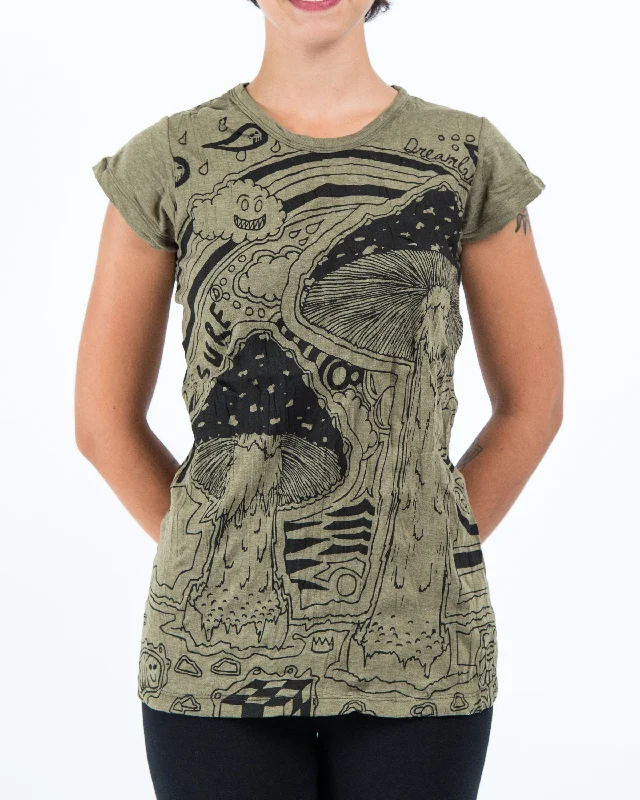 Muscle Women T Shirt for a Sporty and Casual LookWomens Magic Mushroom T-Shirt in Green Muscle Women T Shirt for a Sporty and Casual LookWomens Magic Mushroom T-Shirt in Green