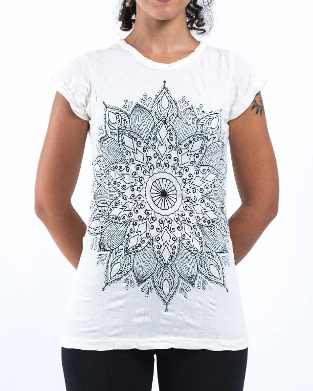 Embroidered Women T Shirt with Intricate DetailsWomens Lotus Mandala T-Shirt in White Embroidered Women T Shirt with Intricate DetailsWomens Lotus Mandala T-Shirt in White