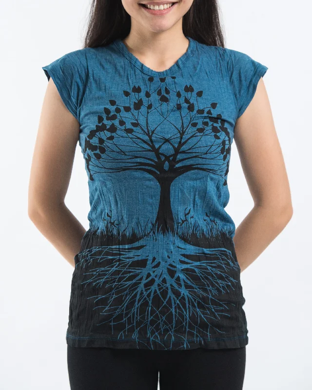 Crop Top Women T Shirt to Pair with High - Waisted BottomsWomens Tree of Life T-Shirt in Denim Blue Crop Top Women T Shirt to Pair with High - Waisted BottomsWomens Tree of Life T-Shirt in Denim Blue