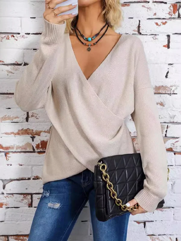 Plus Size Women's Striped Cotton - Blend Sweater in Navy and White for a Nautical ThemeSurplice Dropped Shoulder Long Sleeve Sweater Plus Size Women's Striped Cotton - Blend Sweater in Navy and White for a Nautical ThemeSurplice Dropped Shoulder Long Sleeve Sweater