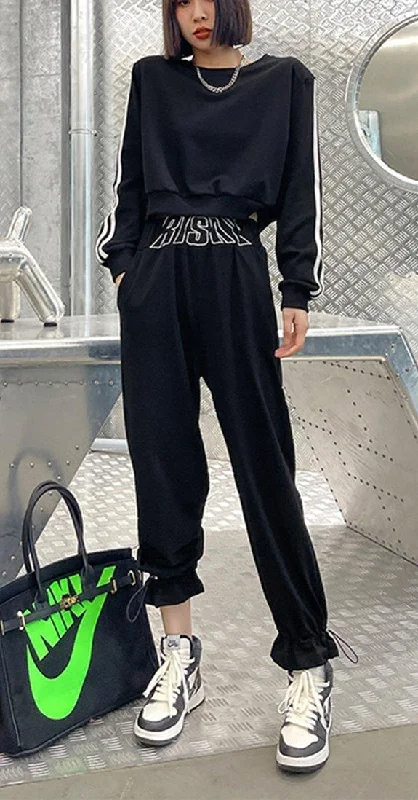 Plus Size Women's Striped Cotton - Blend Sweater in Navy and White for a Nautical ThemeTwo Piece Suit Of Spring Leisure Fashion Sweater And Pants Plus Size Women's Striped Cotton - Blend Sweater in Navy and White for a Nautical ThemeTwo Piece Suit Of Spring Leisure Fashion Sweater And Pants