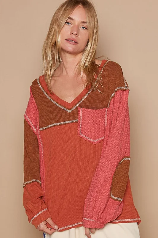 Women's Cable - Knit Sweater Dress in Brown for a Stylish and Comfortable One - Piece OptionV-Neck Knit Panel Exposed Seam Top Women's Cable - Knit Sweater Dress in Brown for a Stylish and Comfortable One - Piece OptionV-Neck Knit Panel Exposed Seam Top