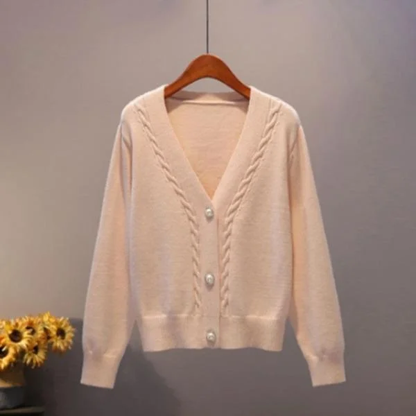 Plus Size Women's Off - Shoulder Ruffled Hem Sweater in Pink for a Feminine and Flirty LookV Neck Pearl Single Breasted Loose Short Thicken Sweater Sweet Long Sleeve Knitting Top Plus Size Women's Off - Shoulder Ruffled Hem Sweater in Pink for a Feminine and Flirty LookV Neck Pearl Single Breasted Loose Short Thicken Sweater Sweet Long Sleeve Knitting Top