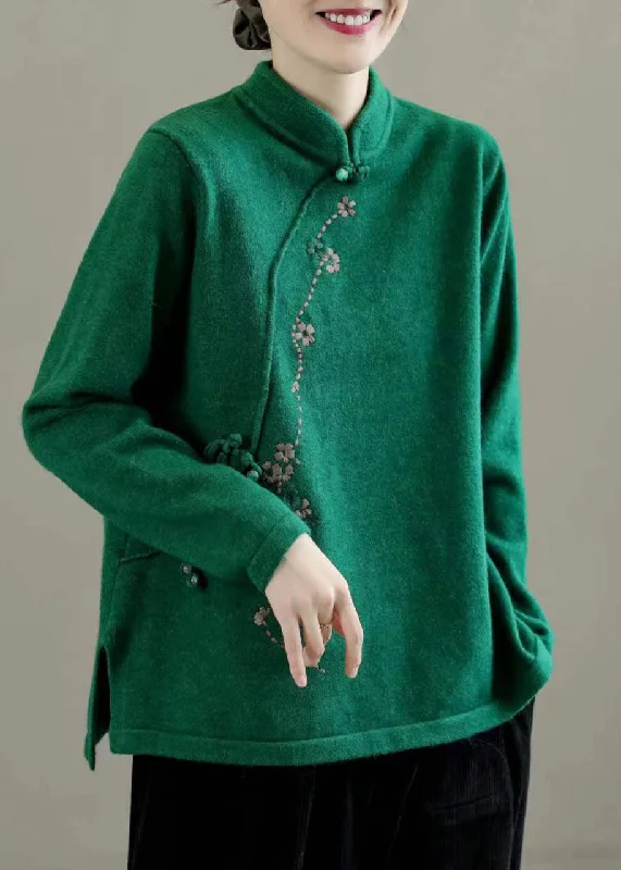 Plus Size Women's Button - Down Sweater in Mustard Yellow for a Pop of ColorVintage Green Mandarin Collar Embroideried Knit Sweaters Winter Plus Size Women's Button - Down Sweater in Mustard Yellow for a Pop of ColorVintage Green Mandarin Collar Embroideried Knit Sweaters Winter