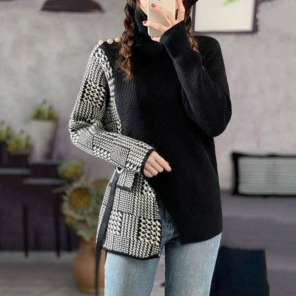 Plus Size Women's Button - Down Sweater in Mustard Yellow for a Pop of ColorVintage Patchwork Plaid Sweater Women New Style Turtleneck Collar Long Sleeve Split Loose Plus Size Women's Button - Down Sweater in Mustard Yellow for a Pop of ColorVintage Patchwork Plaid Sweater Women New Style Turtleneck Collar Long Sleeve Split Loose