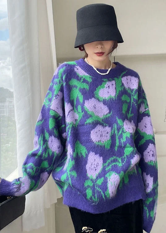 Plus Size Women's Mock - Neck Sweater in Teal with a Side Slit for a Modern TwistVintage Purple Floral Knit Sweaters Winter Plus Size Women's Mock - Neck Sweater in Teal with a Side Slit for a Modern TwistVintage Purple Floral Knit Sweaters Winter