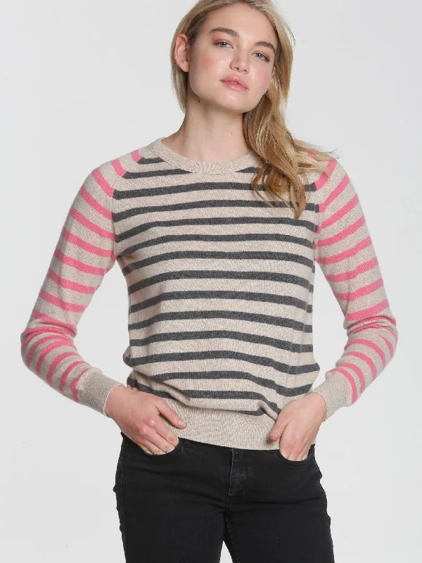 Plus Size Women's Zip - Up Fleece - Lined Sweater in Black for Extra Warmth in Cold WeatherWarhol Stripe Crew - Oatmeal Multi Plus Size Women's Zip - Up Fleece - Lined Sweater in Black for Extra Warmth in Cold WeatherWarhol Stripe Crew - Oatmeal Multi
