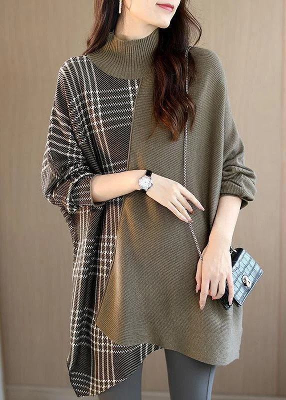 Women's Longline Boyfriend - Style Sweater in Gray for a Relaxed and Casual OutfitWomen Brown Turtleneck Patchwork Plaid Casual Fall Sweater Women's Longline Boyfriend - Style Sweater in Gray for a Relaxed and Casual OutfitWomen Brown Turtleneck Patchwork Plaid Casual Fall Sweater