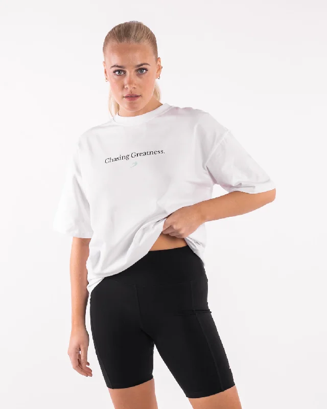 Sequined Women T Shirt for a Sparkly Night OutChasing Greatness Oversized T-Shirt - White Sequined Women T Shirt for a Sparkly Night OutChasing Greatness Oversized T-Shirt - White