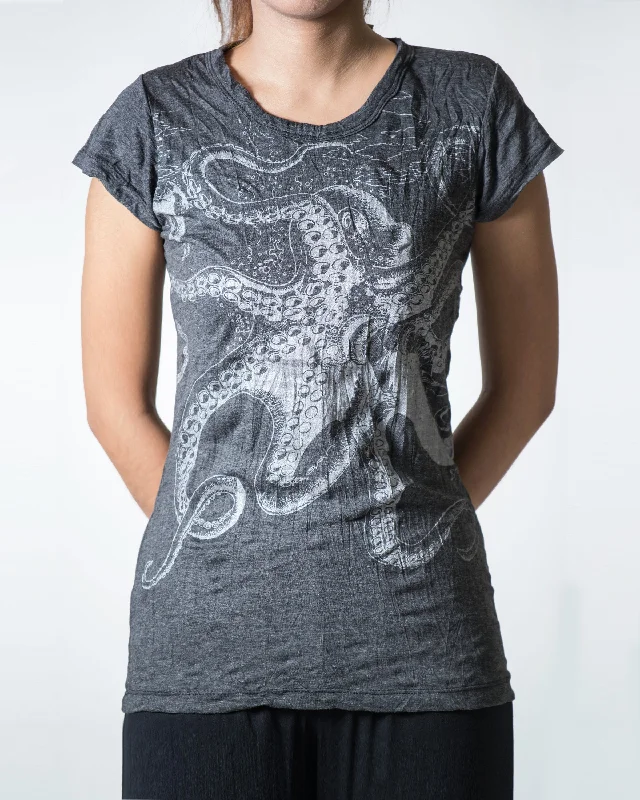 Long Sleeve Women T Shirt for Cooler WeatherWomens Octopus T-Shirt in Silver on Black Long Sleeve Women T Shirt for Cooler WeatherWomens Octopus T-Shirt in Silver on Black