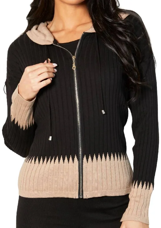 Knee - Length Women's Wool Blend Sweater Dresses in Neutral ColorsZip Hoodie Ribbed Cardigan In Black/sand Knee - Length Women's Wool Blend Sweater Dresses in Neutral ColorsZip Hoodie Ribbed Cardigan In Black/sand