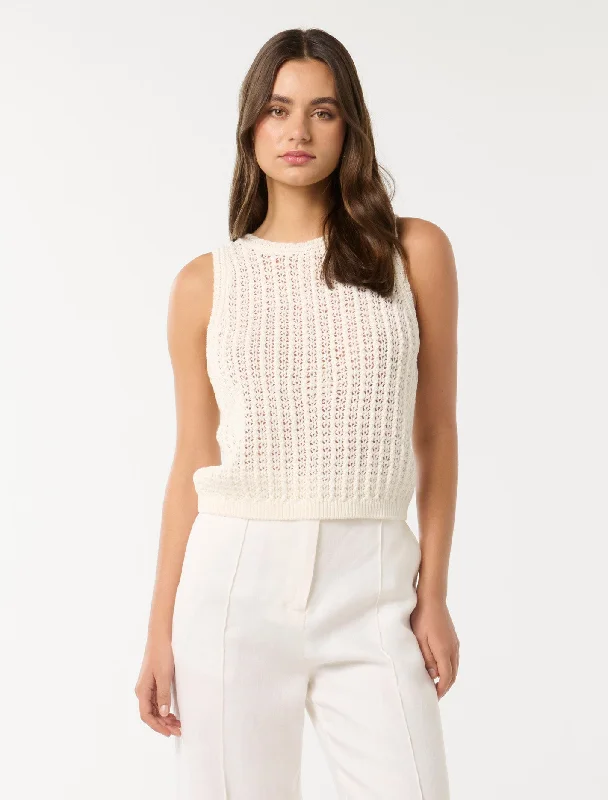 Women's Off - Shoulder Chunky Knit Sweater Dresses in Earth TonesBailee Crochet Look Racer Top Women's Off - Shoulder Chunky Knit Sweater Dresses in Earth TonesBailee Crochet Look Racer Top