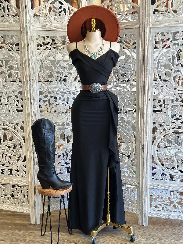 Off - the - Shoulder Women Dress for a Romantic and Feminine LookBlack Orange Off Shoulder Gown - Estira, Stretchy Off - the - Shoulder Women Dress for a Romantic and Feminine LookBlack Orange Off Shoulder Gown - Estira, Stretchy