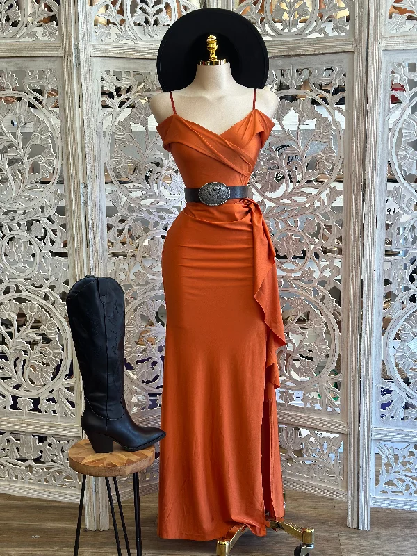 Printed Abstract Women Dress for a Modern and Artistic AppealBurnt Orange Off Shoulder Gown - Estira, Stretchy Printed Abstract Women Dress for a Modern and Artistic AppealBurnt Orange Off Shoulder Gown - Estira, Stretchy