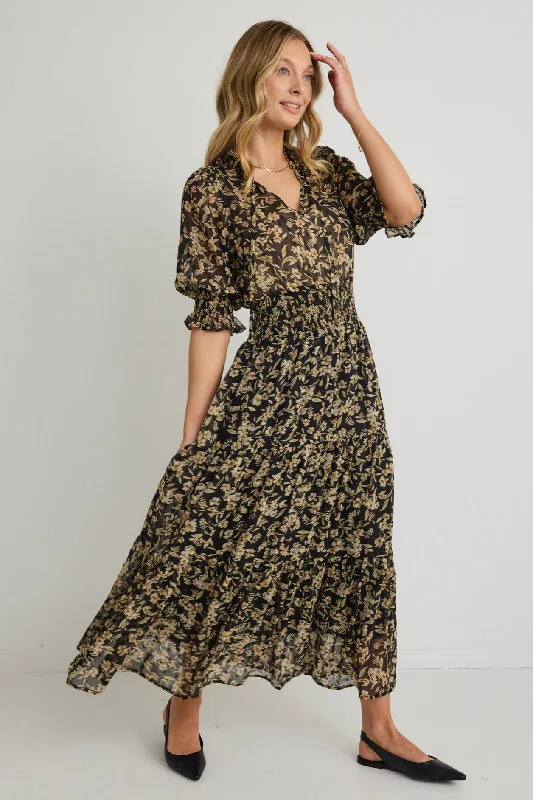 Backless Women Dress for a Sexy and Alluring Look at Evening EventsCharlie Black Gold Floral SS V Neck Tiered Midi Dress Backless Women Dress for a Sexy and Alluring Look at Evening EventsCharlie Black Gold Floral SS V Neck Tiered Midi Dress