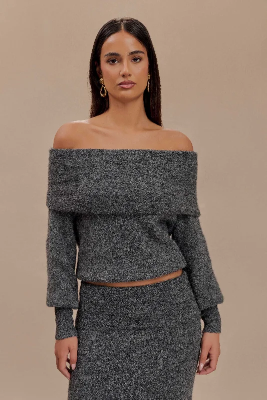 Plus Size Women's Open - Front Cardigan Style Sweater DressesCharlotte Off Shoulder Knit Long Sleeve Top - Charcoal Marle Plus Size Women's Open - Front Cardigan Style Sweater DressesCharlotte Off Shoulder Knit Long Sleeve Top - Charcoal Marle