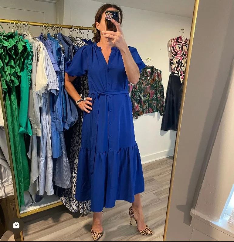 Pleated Women Dress with a Timeless and Elegant TextureCOBALT BLUE BUTTON FRONT DRESS Pleated Women Dress with a Timeless and Elegant TextureCOBALT BLUE BUTTON FRONT DRESS