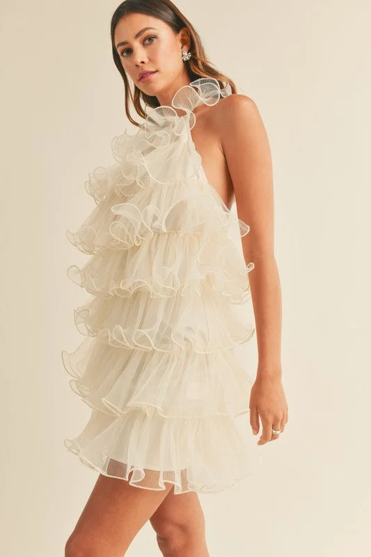 Backless Women Dress for a Sexy and Alluring Look at Evening EventsCream Tiered Ruffle Halter Dress Backless Women Dress for a Sexy and Alluring Look at Evening EventsCream Tiered Ruffle Halter Dress