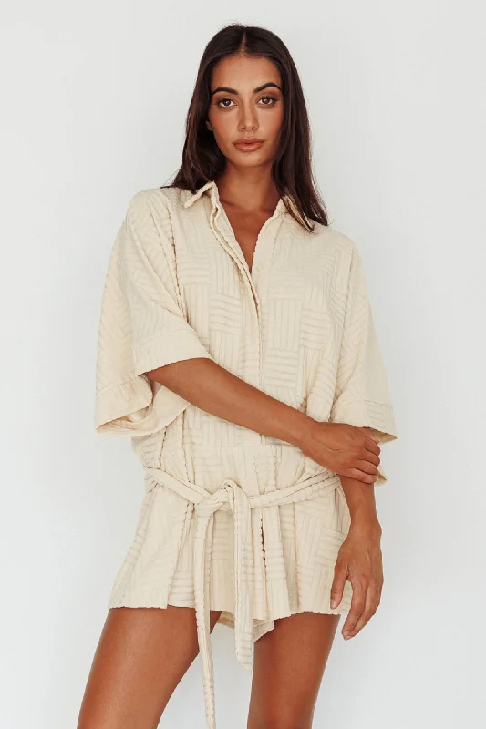 Off - the - Shoulder Women Dress for a Romantic and Feminine LookDaytona Beach Button-Up Romper Textured Beige Off - the - Shoulder Women Dress for a Romantic and Feminine LookDaytona Beach Button-Up Romper Textured Beige