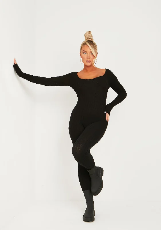 Mock Neck Women's Angora Blend Sweater Dresses in Solid ColorsEvie Black Knitted Long Sleeve Ribbed Jumpsuit Mock Neck Women's Angora Blend Sweater Dresses in Solid ColorsEvie Black Knitted Long Sleeve Ribbed Jumpsuit