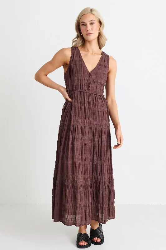 Mini Women Dress with a Short Hem for a Young and Trendy StyleFlora Chocolate V Neck Tie Front Sleeveless Tiered Maxi Dress Mini Women Dress with a Short Hem for a Young and Trendy StyleFlora Chocolate V Neck Tie Front Sleeveless Tiered Maxi Dress