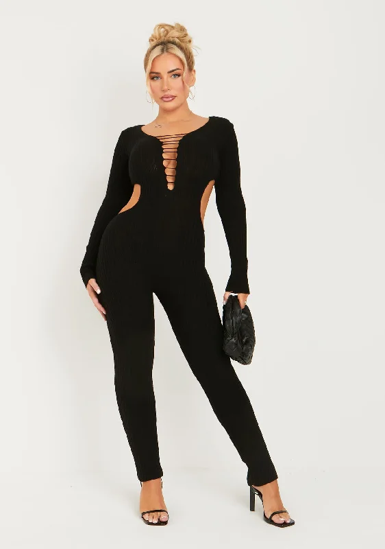 Plus Size Women's Open - Front Cardigan Style Sweater DressesKatya Black Knitted Long Sleeve Cut Out Side Jumpsuit Plus Size Women's Open - Front Cardigan Style Sweater DressesKatya Black Knitted Long Sleeve Cut Out Side Jumpsuit
