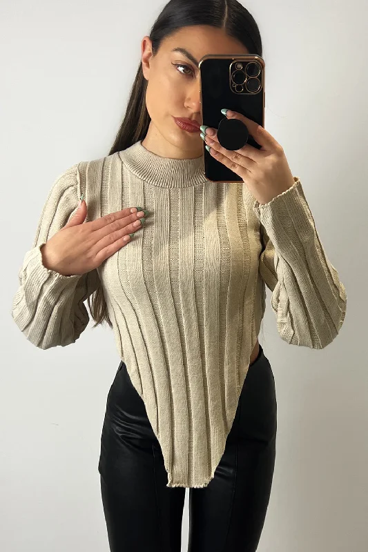 Plus Size Women's Asymmetric Hem Sweater Dresses in Modern DesignsKaya Beige Distressed Hem Knit Long Sleeve Crop Jumper Plus Size Women's Asymmetric Hem Sweater Dresses in Modern DesignsKaya Beige Distressed Hem Knit Long Sleeve Crop Jumper