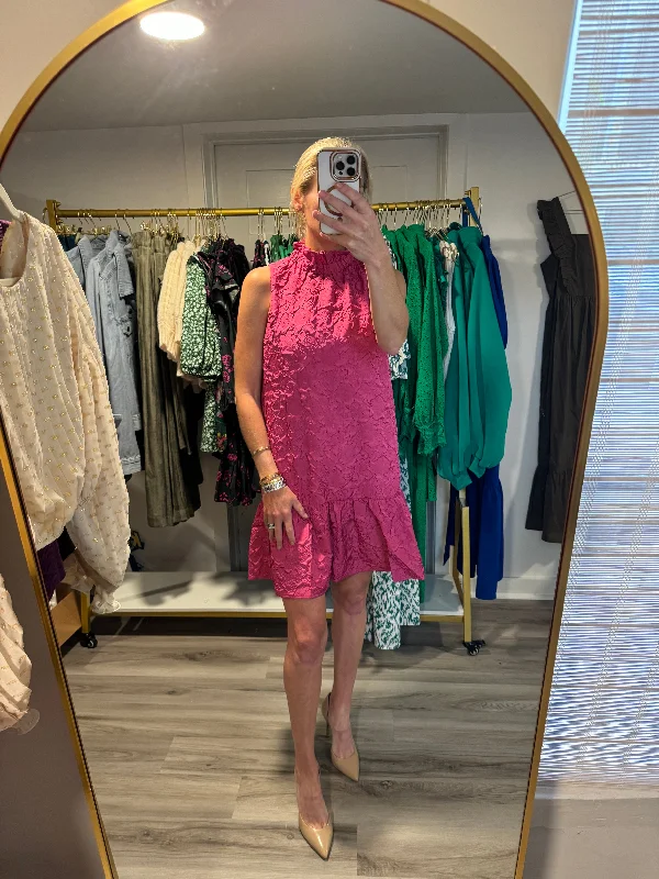 Mini Women Dress with a Short Hem for a Young and Trendy StyleMagenta Ruffle Neck Drop Waist Dress Mini Women Dress with a Short Hem for a Young and Trendy StyleMagenta Ruffle Neck Drop Waist Dress
