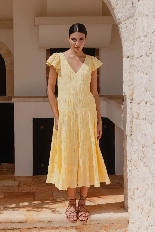 Mini Women Dress with a Short Hem for a Young and Trendy StyleMarley Butter Flutter Sleeve V Neck Tiered Maxi Dress Mini Women Dress with a Short Hem for a Young and Trendy StyleMarley Butter Flutter Sleeve V Neck Tiered Maxi Dress