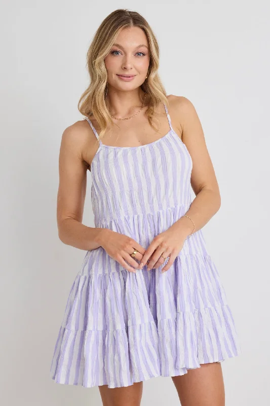Shift Women Dress with a Simple and Classic Design for Everyday WearMemphis Lilac stripe Strappy Tiered Mini Dress Shift Women Dress with a Simple and Classic Design for Everyday WearMemphis Lilac stripe Strappy Tiered Mini Dress