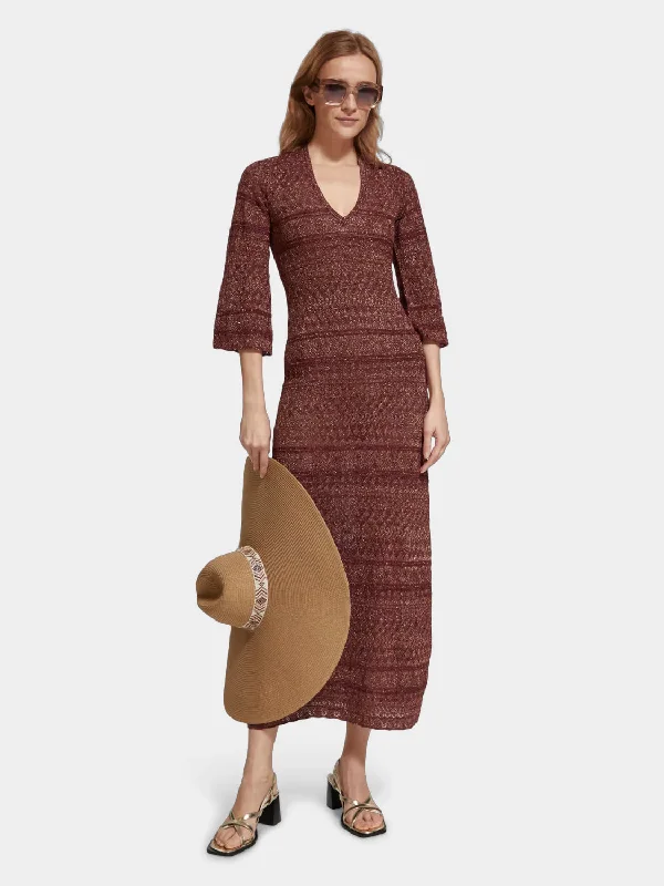 Pleated Women Dress with a Timeless and Elegant TextureMetallic pointelle knit maxi dress Pleated Women Dress with a Timeless and Elegant TextureMetallic pointelle knit maxi dress