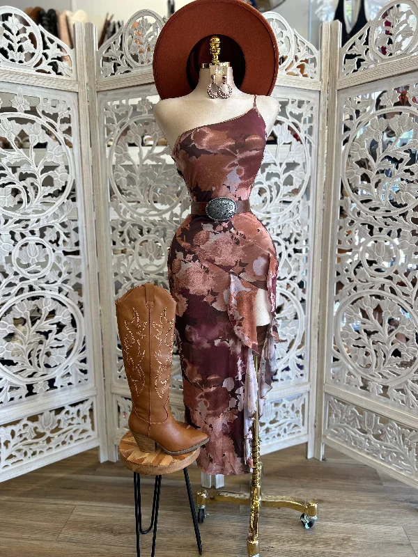 Wrap - Style Women Dress with Adjustable Fit for All Body TypesOne Sleeve Brown Multi Pattern Dress - Estira, Stretchy Wrap - Style Women Dress with Adjustable Fit for All Body TypesOne Sleeve Brown Multi Pattern Dress - Estira, Stretchy