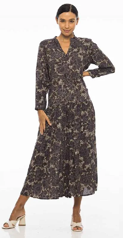 Maxi Women Dress with Floral Print for a Bohemian VibePM Long Tiered Gris Fonce Dress Maxi Women Dress with Floral Print for a Bohemian VibePM Long Tiered Gris Fonce Dress