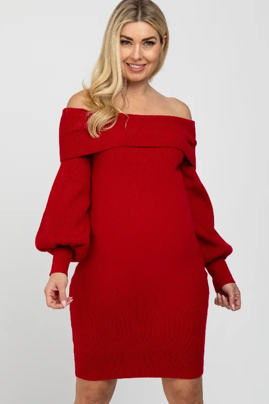 Plus Size Women's Asymmetric Hem Sweater Dresses in Modern DesignsRed Off Shoulder Bubble Sleeve Maternity Sweater Dress Plus Size Women's Asymmetric Hem Sweater Dresses in Modern DesignsRed Off Shoulder Bubble Sleeve Maternity Sweater Dress