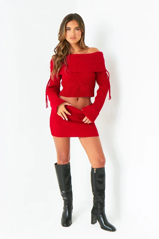 A - Line Women's Merino Wool Sweater Dresses in Classic StylesScarlette Red Knitted Fold Down Skirt A - Line Women's Merino Wool Sweater Dresses in Classic StylesScarlette Red Knitted Fold Down Skirt
