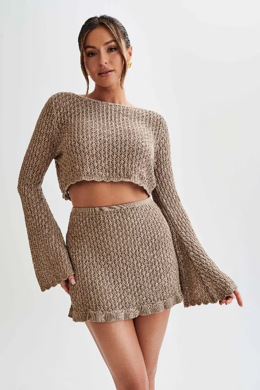 Women's Off - Shoulder Chunky Knit Sweater Dresses in Earth TonesSian Knit Long Sleeve Crop Top - Taupe Women's Off - Shoulder Chunky Knit Sweater Dresses in Earth TonesSian Knit Long Sleeve Crop Top - Taupe