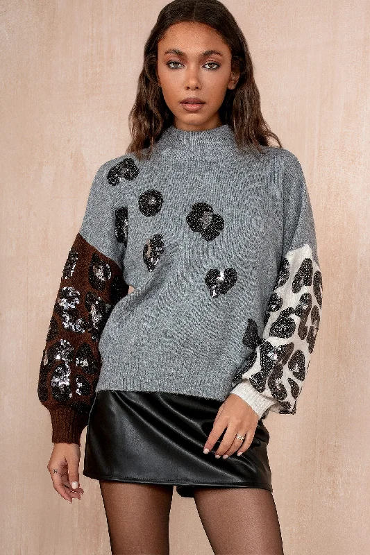 Plus Size Women's Asymmetric Hem Sweater Dresses in Modern DesignsTerri Grey Knit Sequin Jumper Plus Size Women's Asymmetric Hem Sweater Dresses in Modern DesignsTerri Grey Knit Sequin Jumper