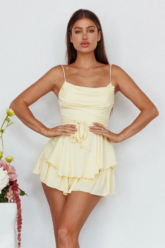 Mini Women Dress with a Short Hem for a Young and Trendy StyleWell Versed Cowl Neck Flounce Romper Soft Yellow Mini Women Dress with a Short Hem for a Young and Trendy StyleWell Versed Cowl Neck Flounce Romper Soft Yellow