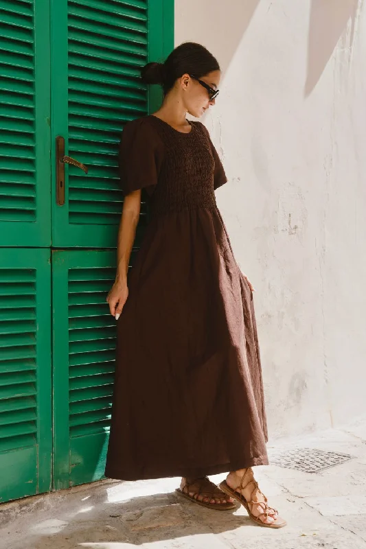 Ball Gown Women Dress with a Full Skirt for a Princess - like LookWren Chocolate Linen Blend SS Shirred Bodice Midi Dress Ball Gown Women Dress with a Full Skirt for a Princess - like LookWren Chocolate Linen Blend SS Shirred Bodice Midi Dress